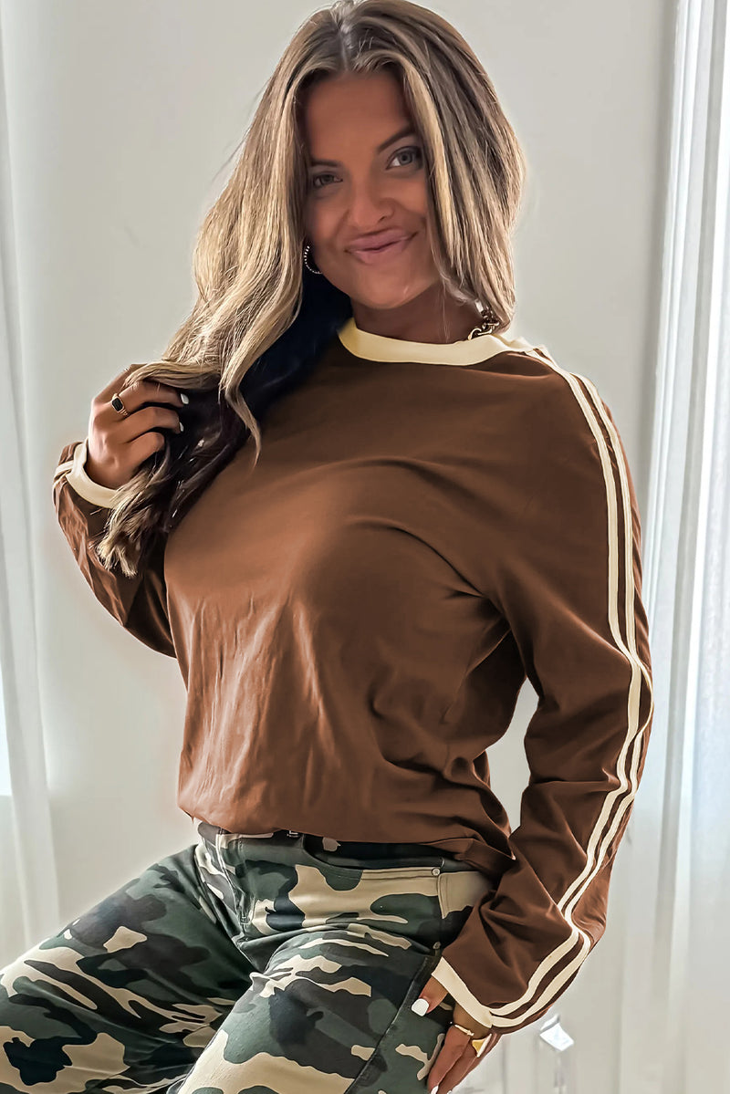 Dark Brown Varsity Striped Crew Neck Long Sleeve Top