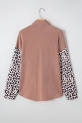 Dark Khaki Leopard Patchwork Twisted Ribbed Casual Shacket