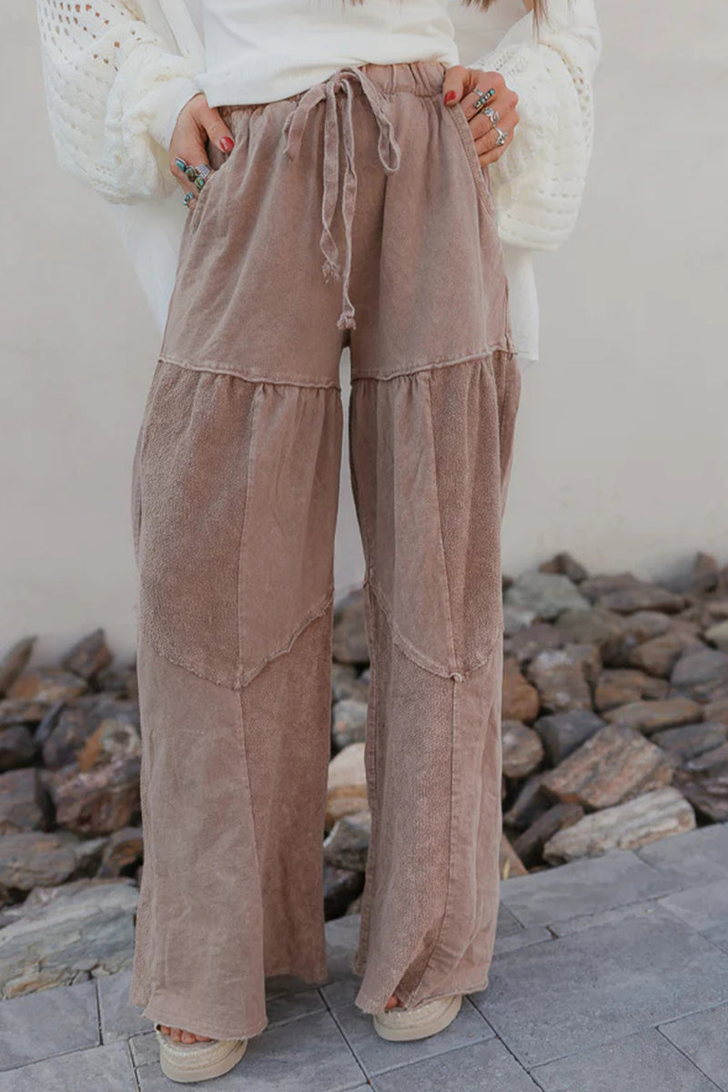 Straw Yellow Mineral Wash Tiered Wide Leg Patchwork Drawstring Pants