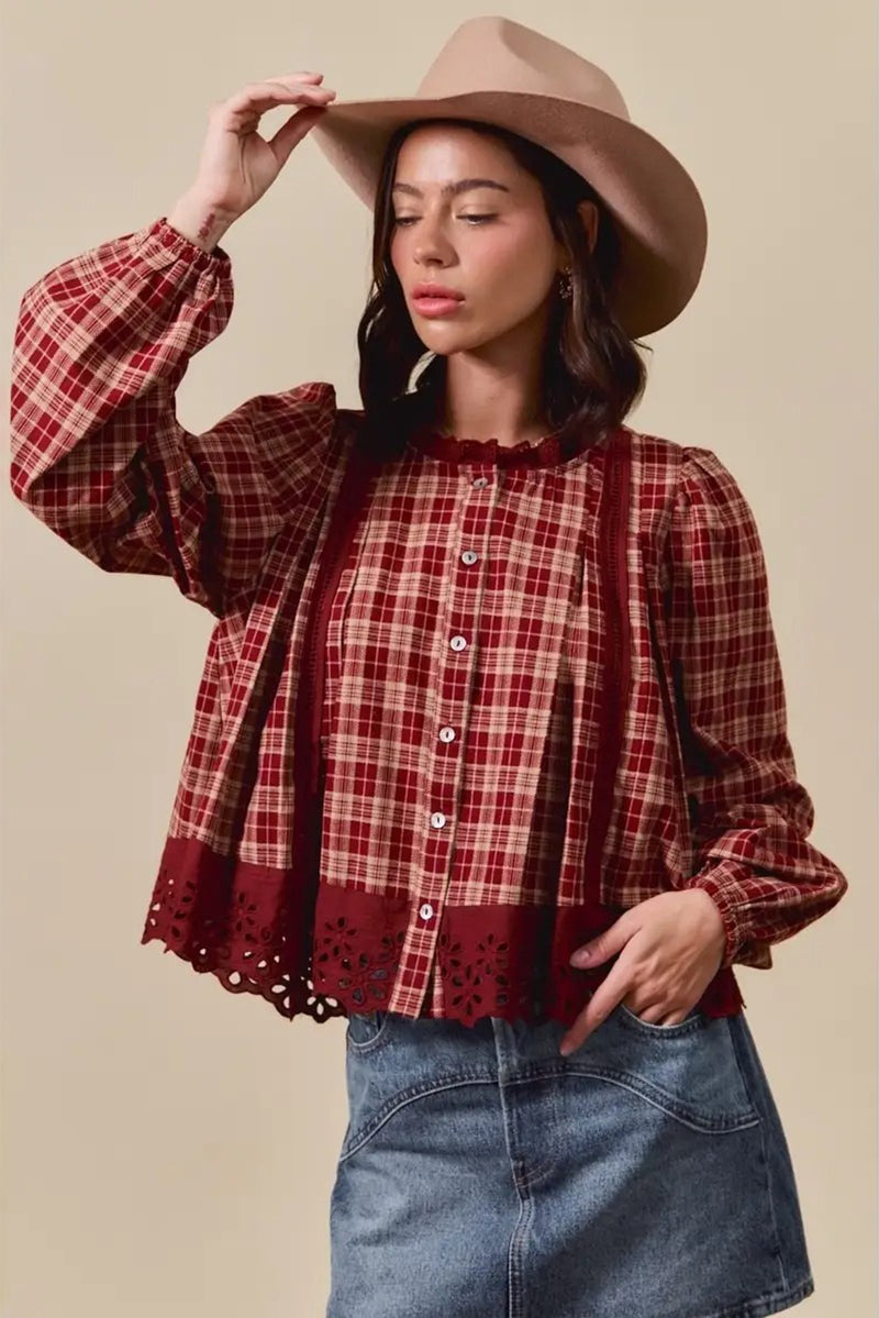 Red Dahlia Plaid Lace Hem Button Down Shirt
