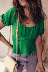 Dark Green Solid Color Ruched Crossed Waist Tied Back Short Sleeve Peplum Top