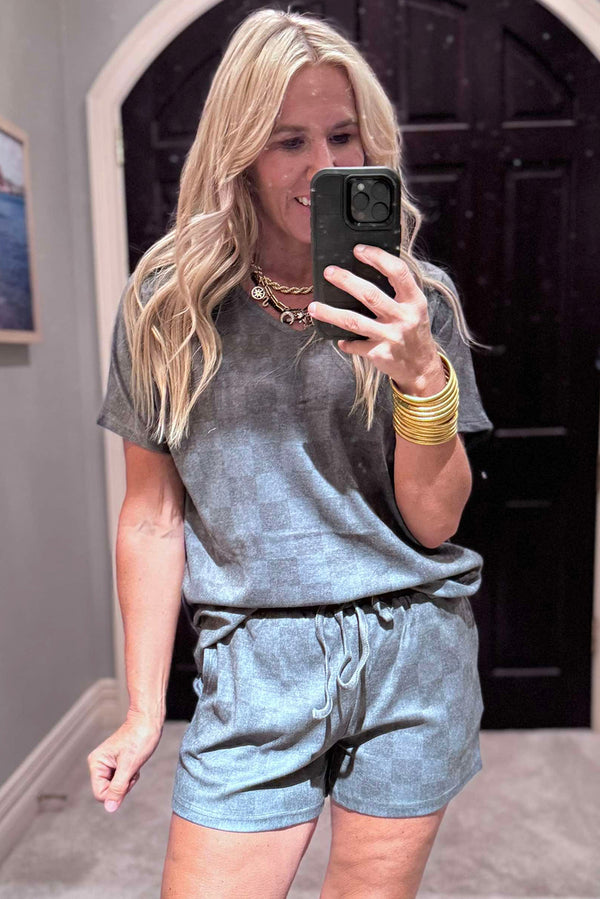 Gray Checkered V Neck Tee and Drawstring Shorts Pajama Set