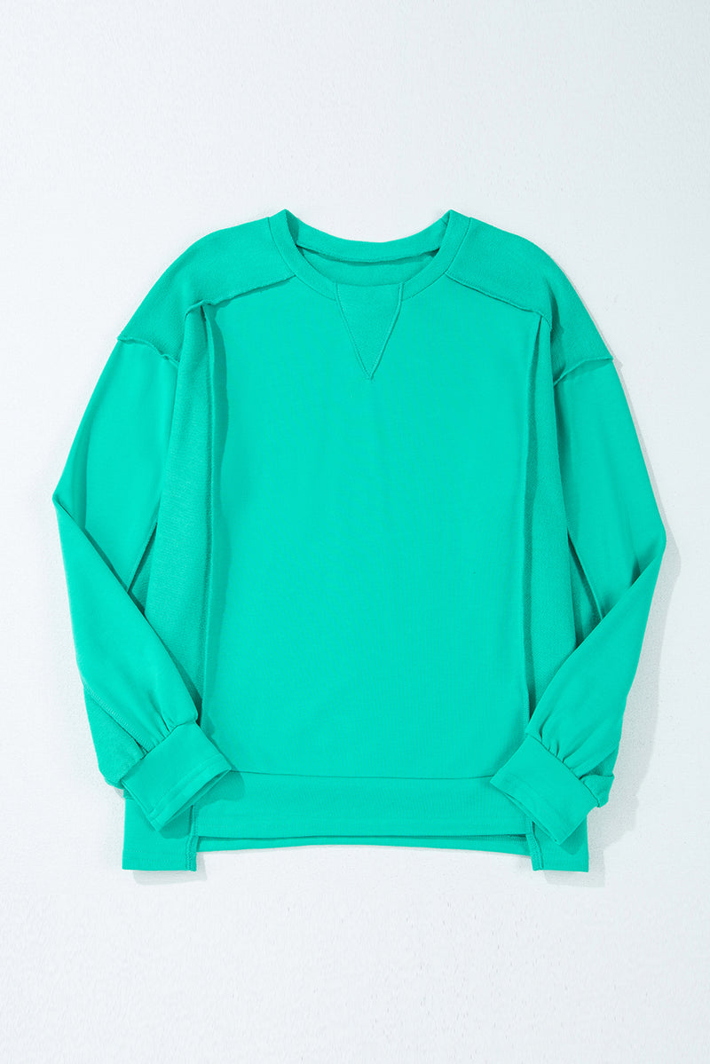 Beige Plain Exposed Seam Round Neck Pullover Sweatshirt