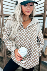 Khaki Checkered Print Quarter Zip Ribbed Patchwork Loose Sweatshirt