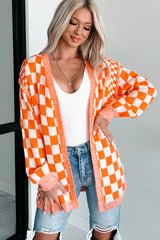 Orange Checkered Open Front Drop Shoulder Cardigan