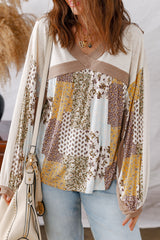 White Floral Print Patchwork Long Sleeve Top