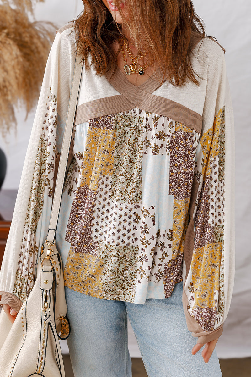 White Floral Print Patchwork Long Sleeve Top