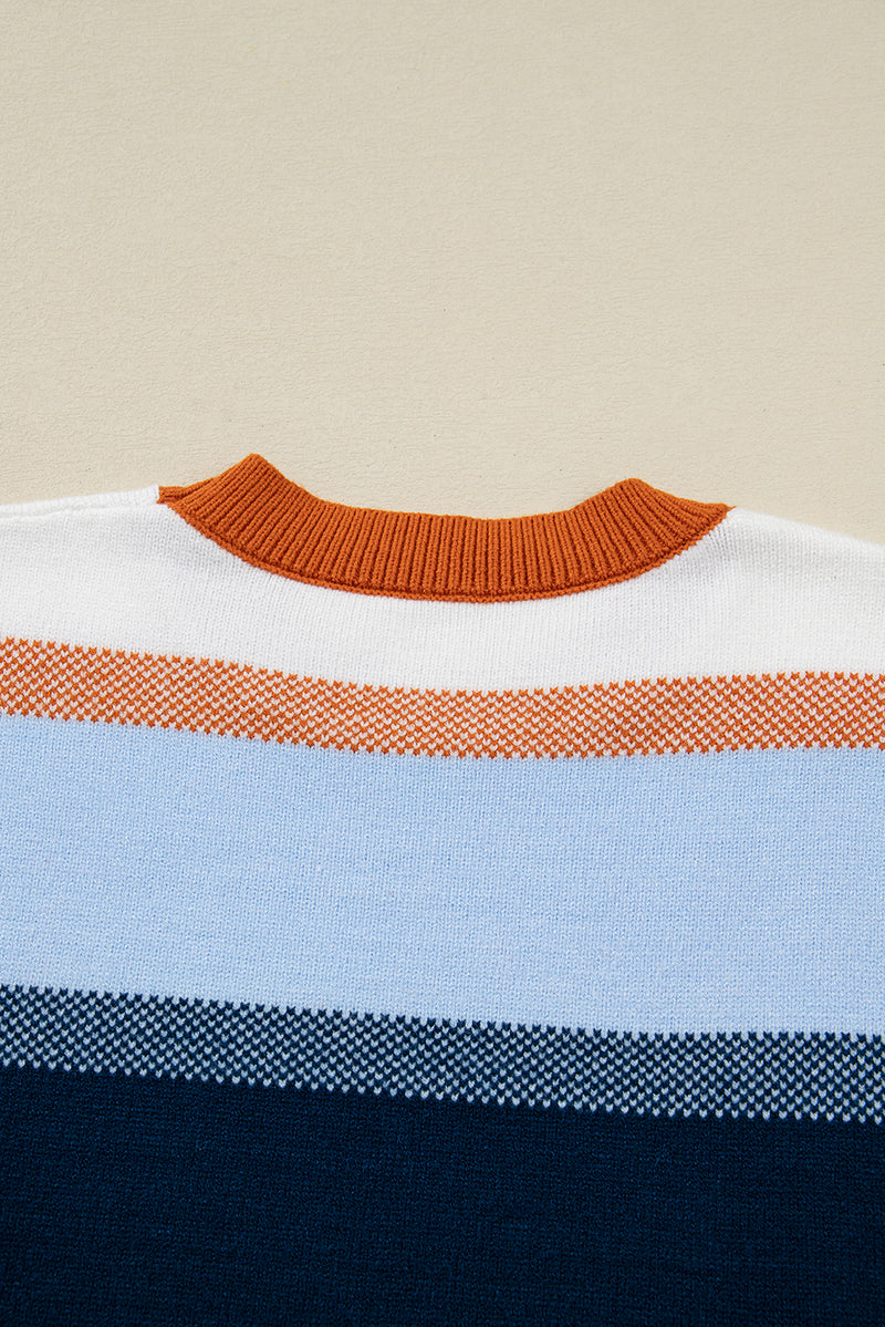 Dark Blue Color Block Round Neck Tunic Sweater