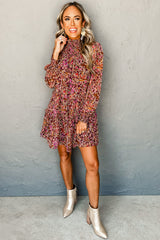 Red Floral Print Long Sleeve Shirred High Neck Loose Mini Dress