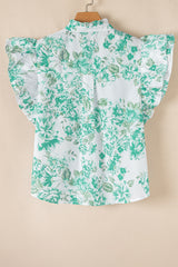 Green Floral Print Ruffle Sleeve Frill Shirt