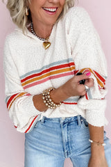 White Casual Striped Drop Sleeve Hooded Sweater