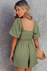 Jungle Green Square Neck Ruched Puff Sleeve Romper