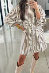 Brown Stripe Knot Waist Puff Sleeve Button Down Mini Shirt Dress