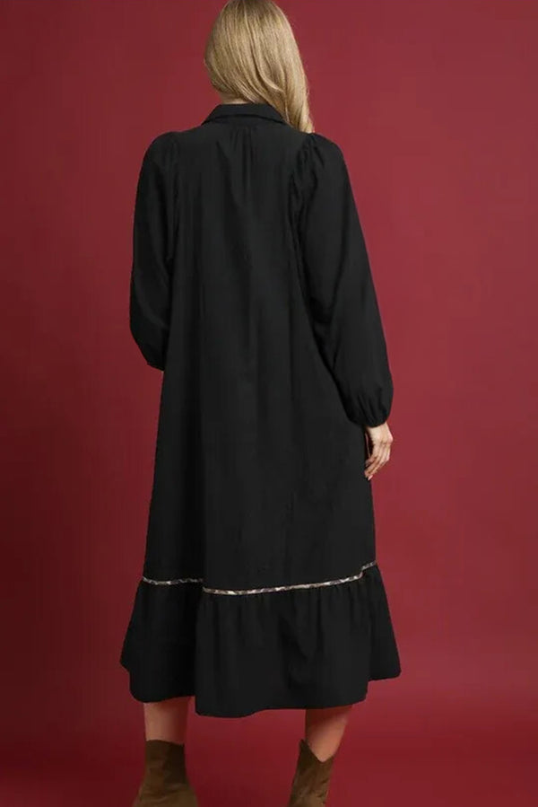 Black Collared V Neck Shirred Detail Contrast Leopard Trim Long Dress