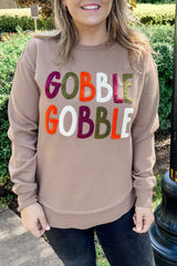 Dark Khaki GOBBLE Letter Graphic Thanksgiving Sweatshirt