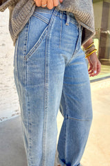 Sky Blue Medium Wash Cuffed Barrel Jeans