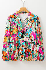 Floral Tie Neck Balloon Sleeve Blouse