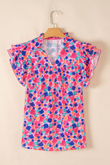 Rose Red Abstract Print Ruffle Sleeve V Neck Blouse