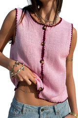 Pink Contrast Trim Buttoned Front Sweater Vest