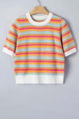 Rose Red Abstract Striped Knit Short Sleeve Sweater