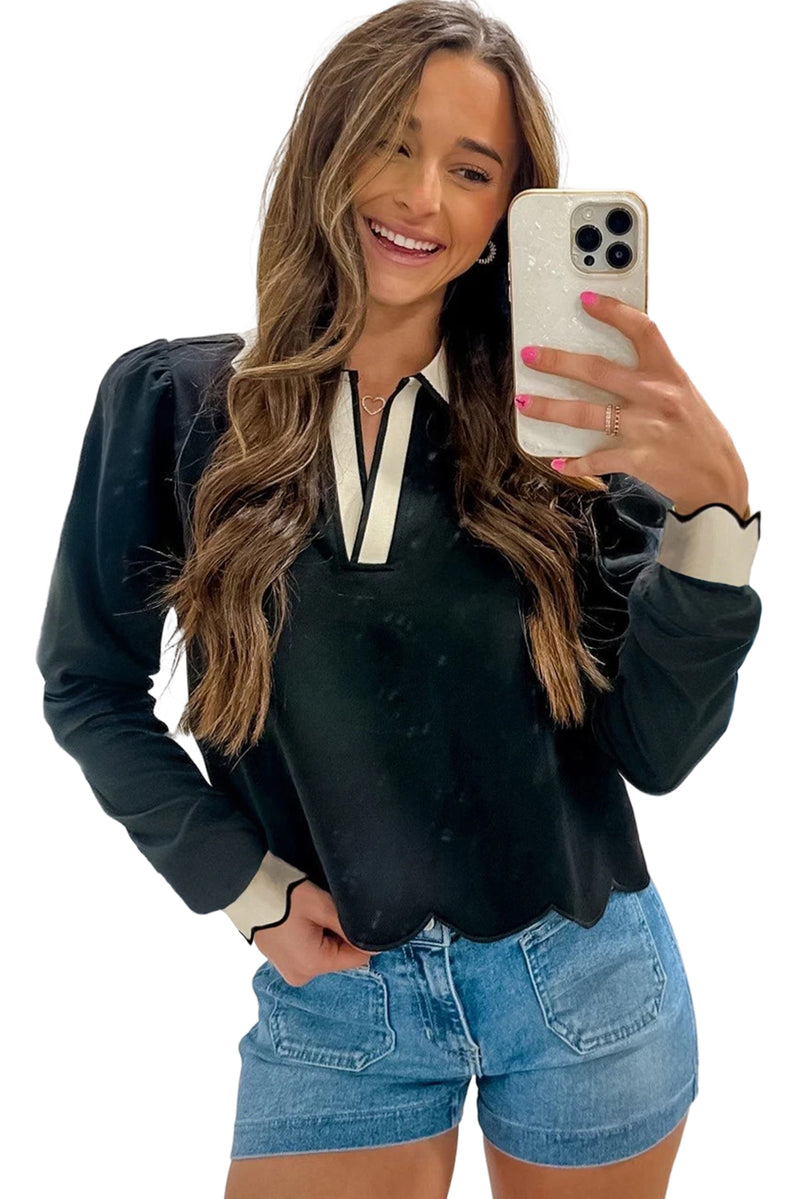 Black Scallop Trim Colorblock Long Sleeve Collared Top