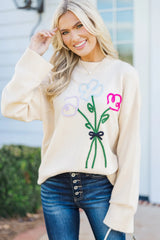 White Floral Embroidered Drop Sleeve Knit Sweater