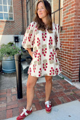 White Floral Print V Neck 3/4 Sleeve Loose Mini Dress