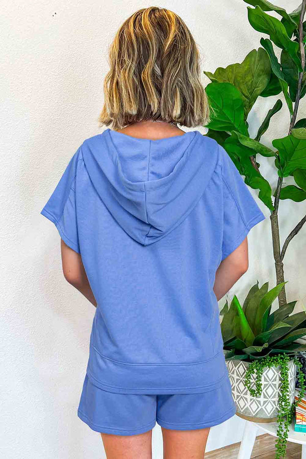 Sky Blue Casual Zipped Short Sleeve Hoodie and Shorts Set