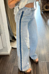 Beau Blue Contrast Stripe Frayed Side Patchwork Jeans