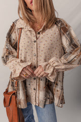 Mist Green Boho Floral Plaid Patchwork Waffle Knit Distressed Jacket