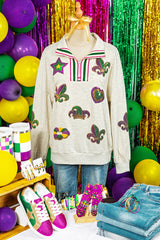 Light Grey Mardi Gras Elements Sequin Patched Striped Patchwork Zip Neck Pullover Sweatshirt