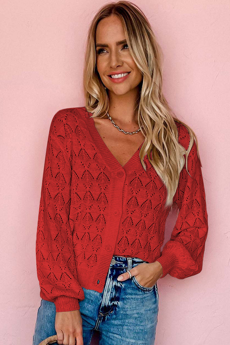 Fiery Red Lightweight Buttoned Front Crochet Cardigan