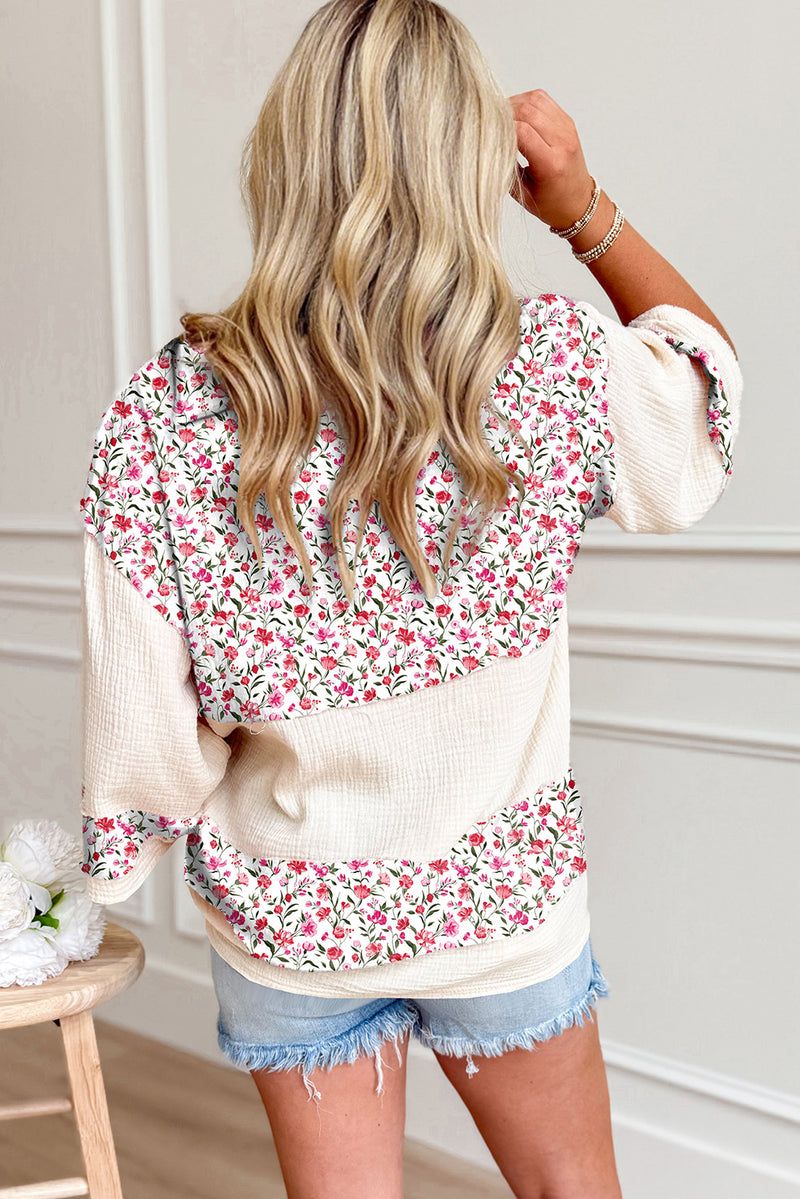 Sky Blue Floral Print Crinkle Patchwork Henley Blouse