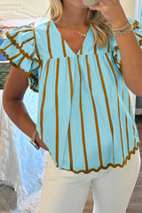 Sky Blue Stripe Ricrac Trim Double Ruffled Short Sleeve V Neck Blouse