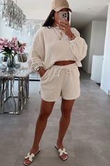 Black Textured Knit Drop Shoulder Pullover Drawstring Shorts Set