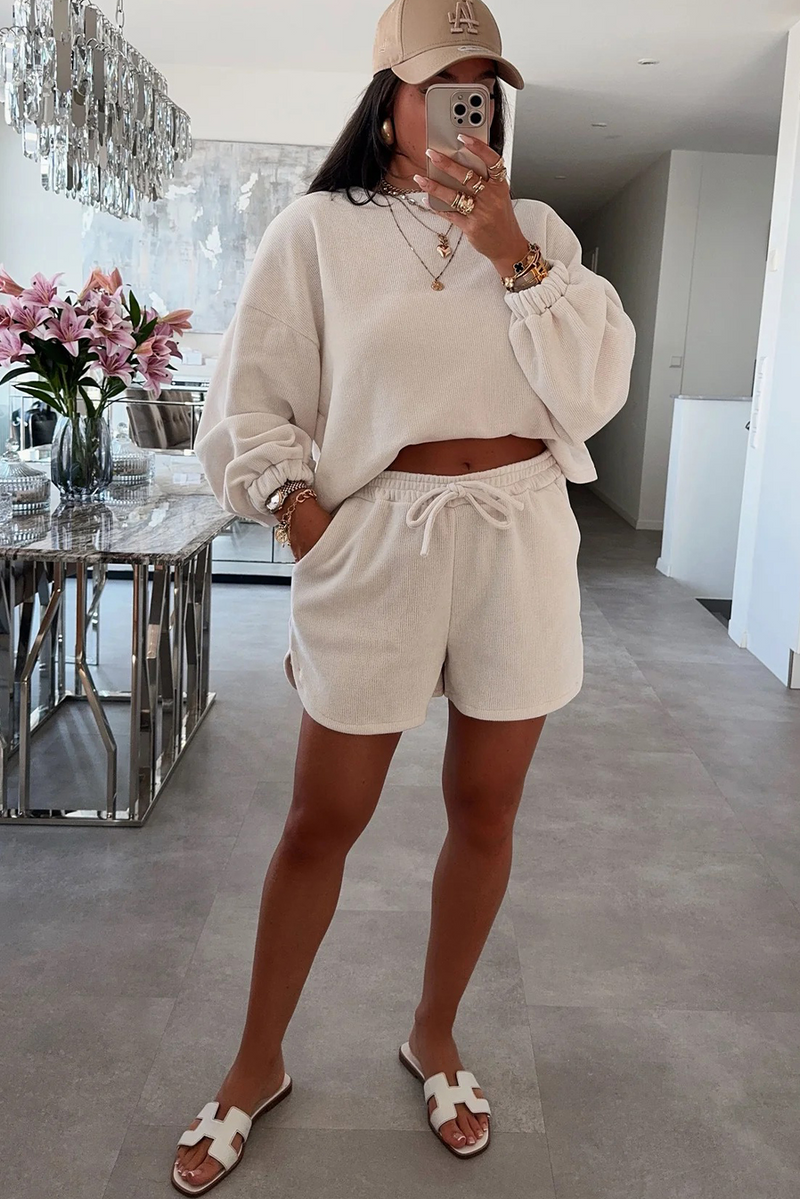 Black Textured Knit Drop Shoulder Pullover Drawstring Shorts Set
