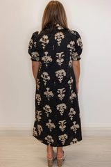 Black Floral Print Frilled Collar Short Puff Sleeve Maxi Dress