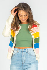 White Striped Colorblock Button Front Knit Cardigan