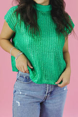Bright Green Solid Color Metallic Knit High Neck Short Sleeve Sweater