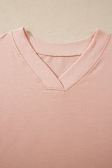 Apricot Pink Solid Color V Neck Tee Drawstring Pant Set