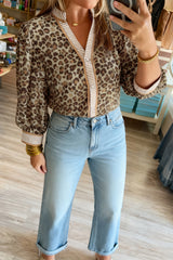 Khaki Contrast Striped Trim V Neck Leopard Shirt