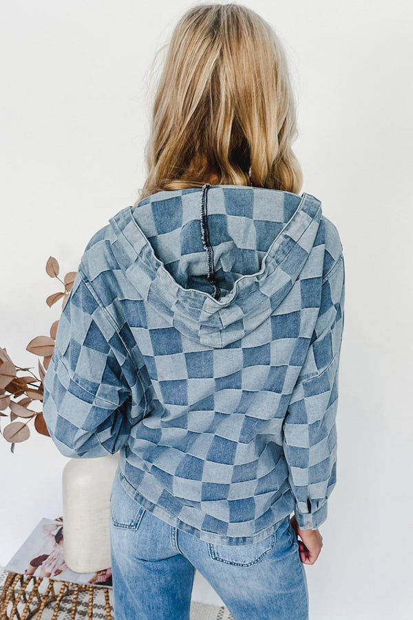 Sky Blue Checkerboard Zipped Collar Kangaroo Pocket Denim Hoodie
