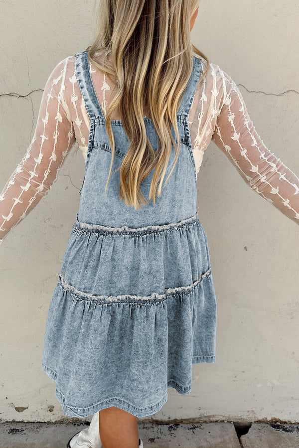 Dusk Blue Frill Tiered Light Wash Overall Denim Dress