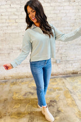 Green Stripe Quarter Zip Collar Long Sleeve Top