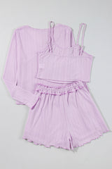Orchid Petal Delicate Texture Cropped Cami Shorts and Cardigan 3pcs Lounge Set