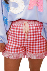 Sky Blue Gingham Print Ruffle Striped Detail Lace Tie Shorts