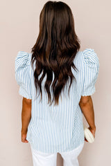 Sky Blue Stripe Ricrac Trim Short Puff Sleeve Leopard Patchwork Collar V Neck Blouse