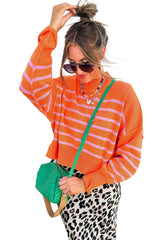 Orange Stripe Ribbed High Neck Drop Shoulder Boxy Fit Sweater