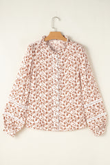 Khaki Printed Floral Print Lace Detail Puff Sleeve Fall Shirt