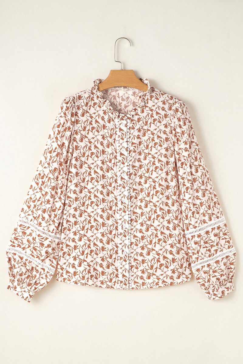 Khaki Printed Floral Print Lace Detail Puff Sleeve Fall Shirt